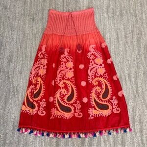 Nare Moda Women’s Boho Embroidered Tassel Hem Strapless Ombré Cotton Dress Sz M
